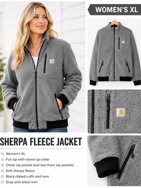 Carhartt Women's Gray Sherpa Fleece Zip Jacket with Black Trim